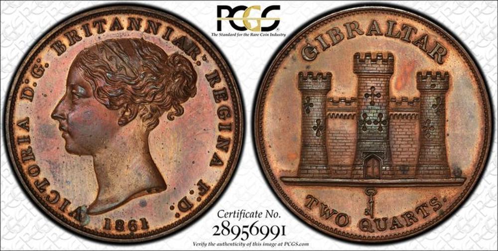 Gibraltar 1861 2 Quarts Proof PCGS PR61 RB