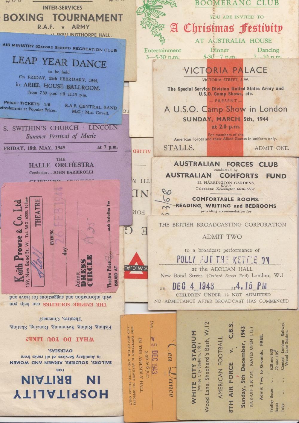 WWII Hospitality & Leave Guides for H.M. & Allied Forces as well at 10 Tickets to various events (12 items)