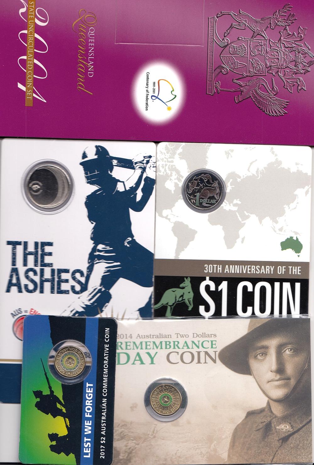 Australia. 2001 'Qld' 20c, 50c & $1, 2011 'Ashes' 20c, 2014 & 2017 'Remembrance' $2 & 2014 ' Anniversary' $1, Uncirculated (5 items with 8 coins)