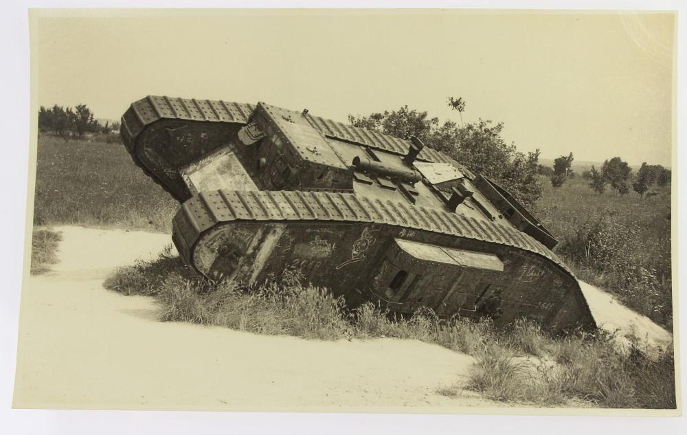 WWI Sepia Photograph of abandoned British Mark IV Tank 2168 at the Western Front