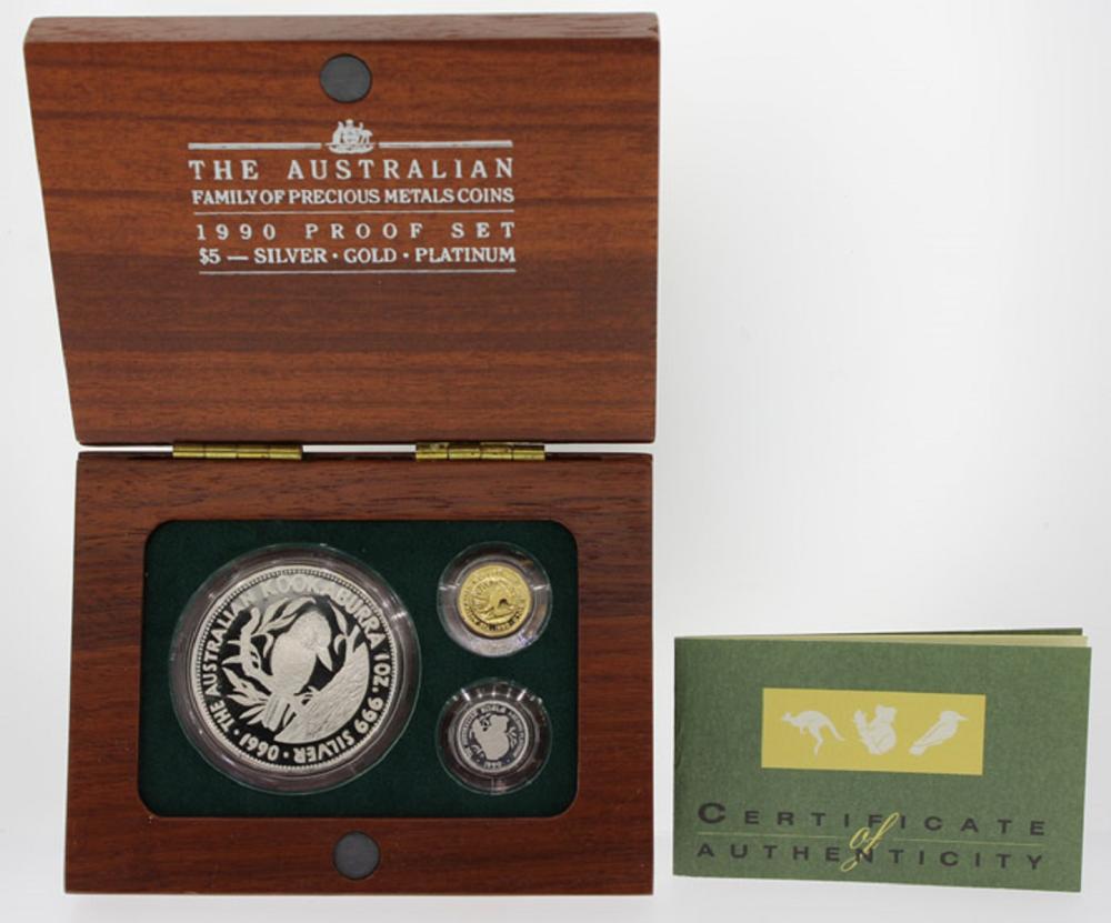 Australia. 1990 'Family of Precious Metals' Proof Set, FDC (3 coins)