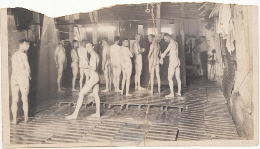 WWI Australia Contemporary War Photograph of 'Naked soldiers of the 5th Division showering at Daours, 21st May 1918'