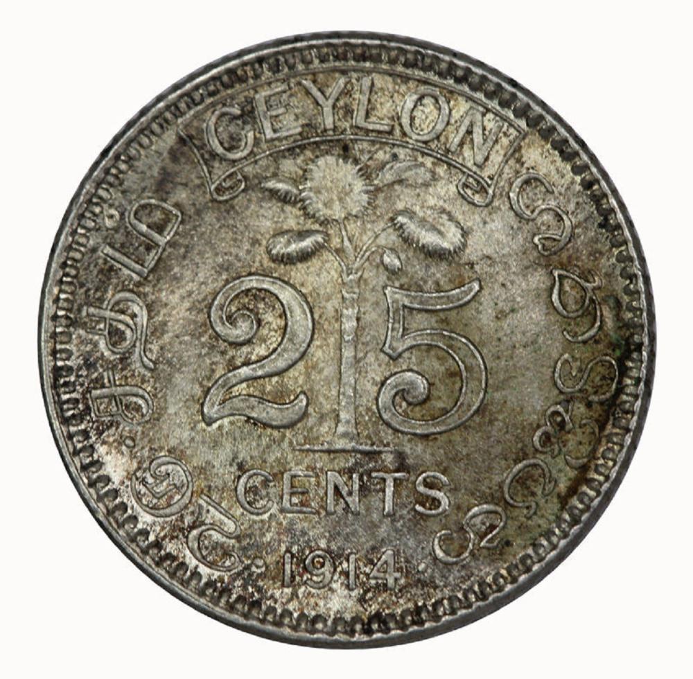 Ceylon 1914 25 Cents, Gem image