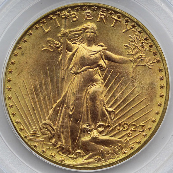 USA 1923 D Gold $20, PCGS MS67 image