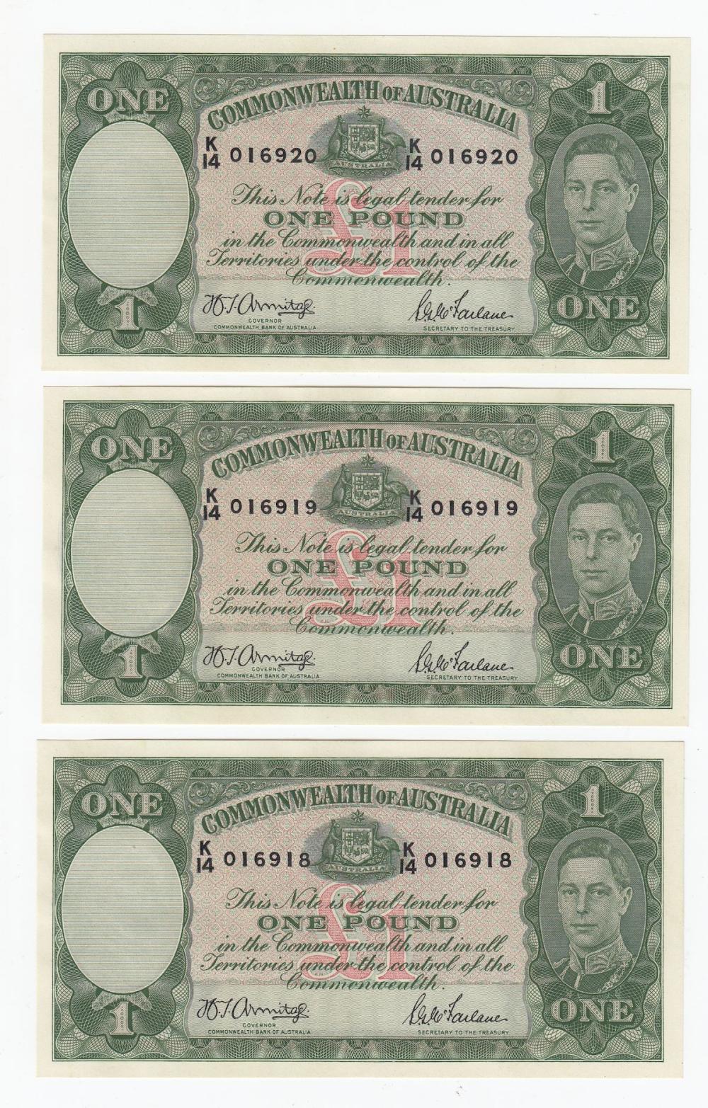 Australia 'Armitage - McFarlane' Light Green Â£1 (1942), Uncirculated OPQ (Consecutive Trio)