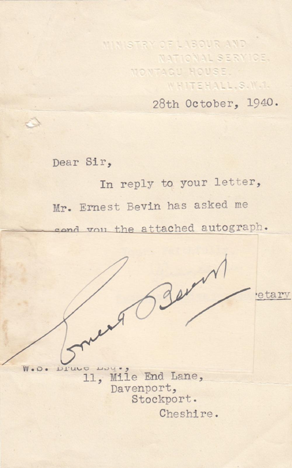 WWII Great Britain 'Ernest Bevin' signature on paper with accompanying note on embossed Ministry of Labour and National Service paper dated 28th October, 1940