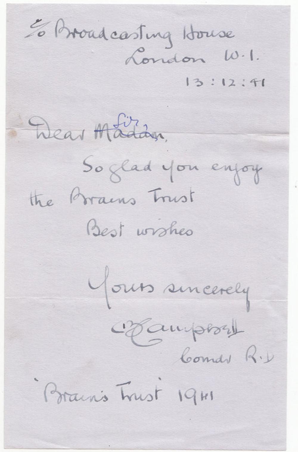 WWII Great Britain 'Naval Commander Archibald Campbell' signature on note paper a regular on the &quot;Brains Trust&quot; a popular BBC radio show launched in January 1941,Extremely Fine