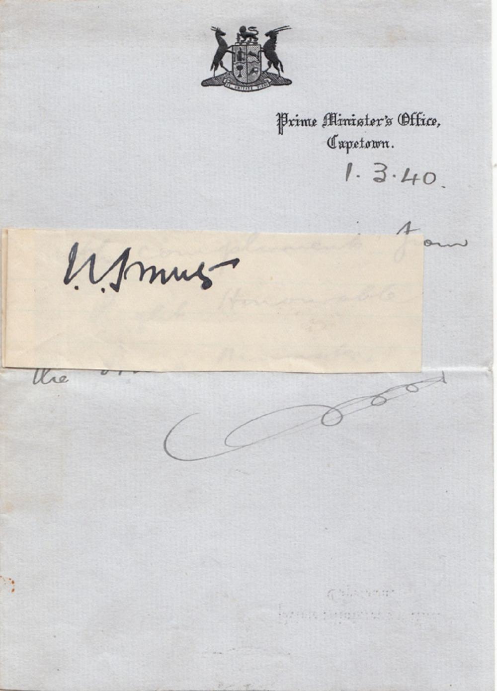 WWII South Africa 'Jan Christiaan Smuts' signature on paper with accompanying note dated 1.3.40 on the official Prime Minister's letterhead