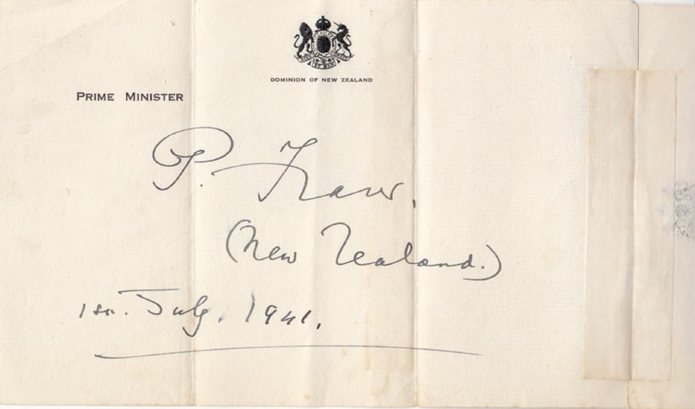 WWII New Zealand 'Peter Fraser' signature on note paper from the office of Prime Minister, Dominion of New Zealand.