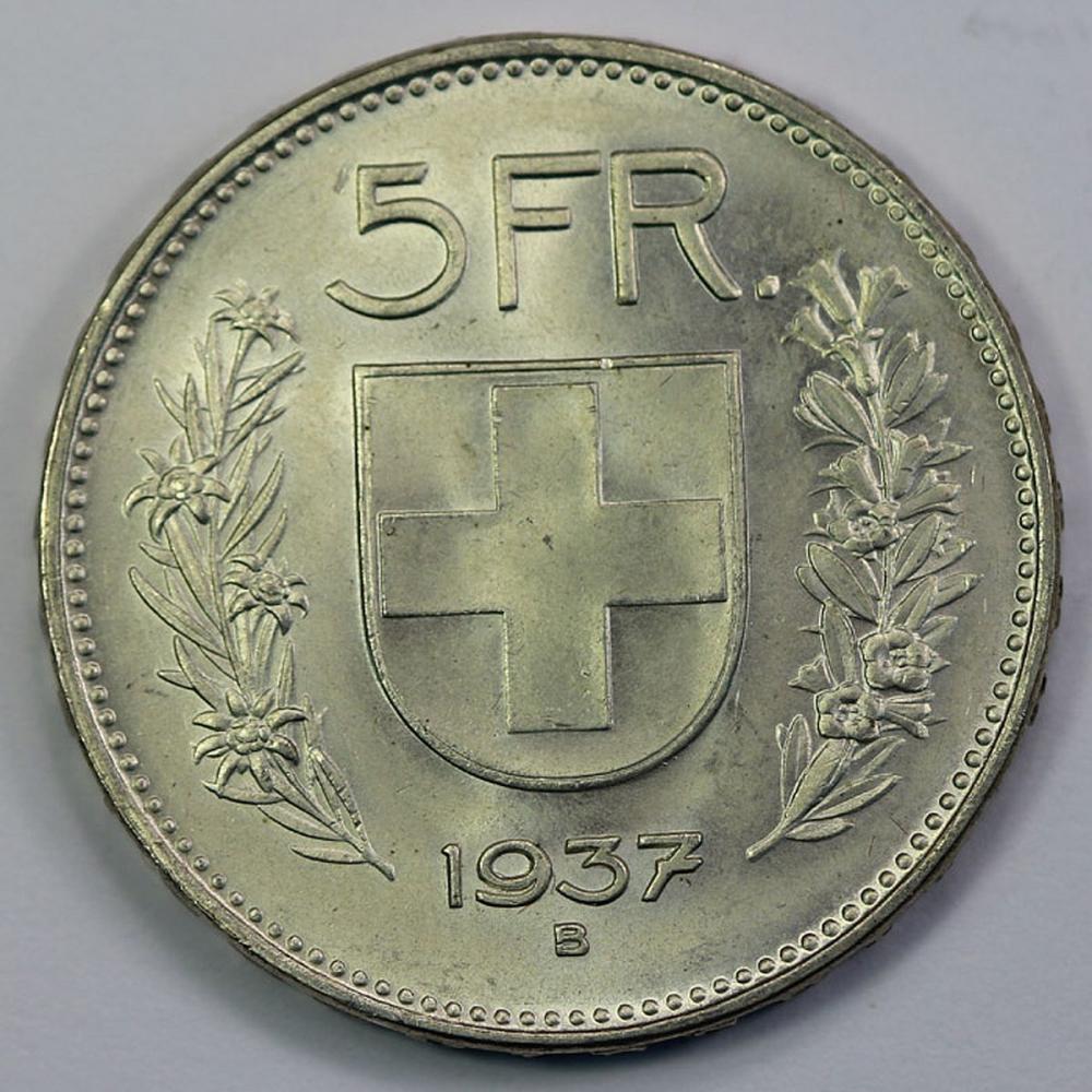 Switzerland 1937 B 5 Francs... image