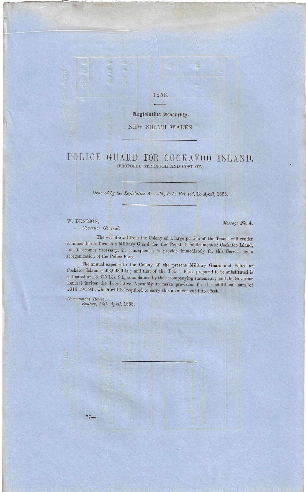 Australia (New South Wales). 1858 brief Report on the 'Proposed Strength and Cost of (a) Police Guard for Cockatoo Island,' Extremely Fine