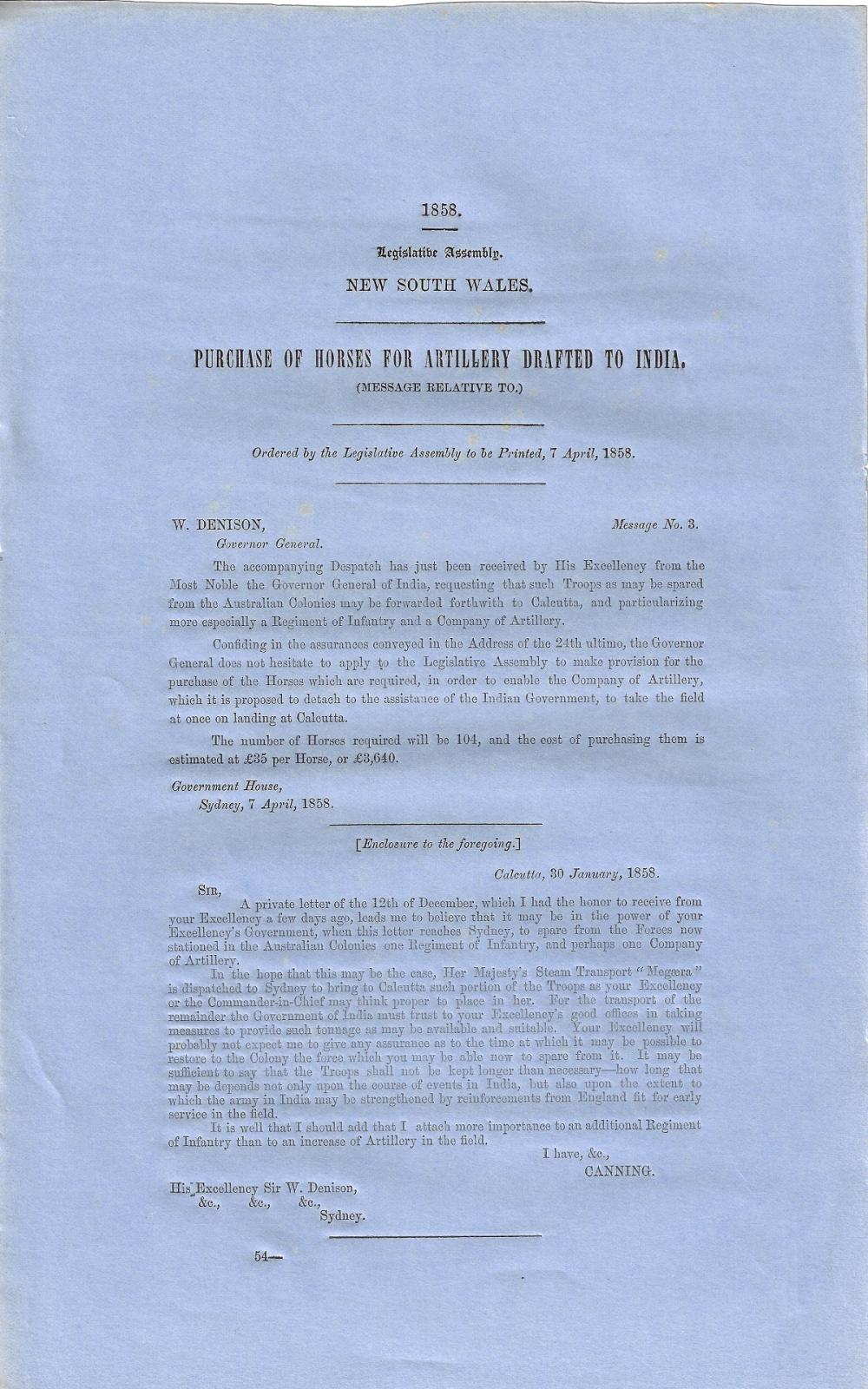 Australia (New South Wales). 1858 brief Report on the 'Purchase of Horses for Artillery Drafted to India,' Extremely Fine