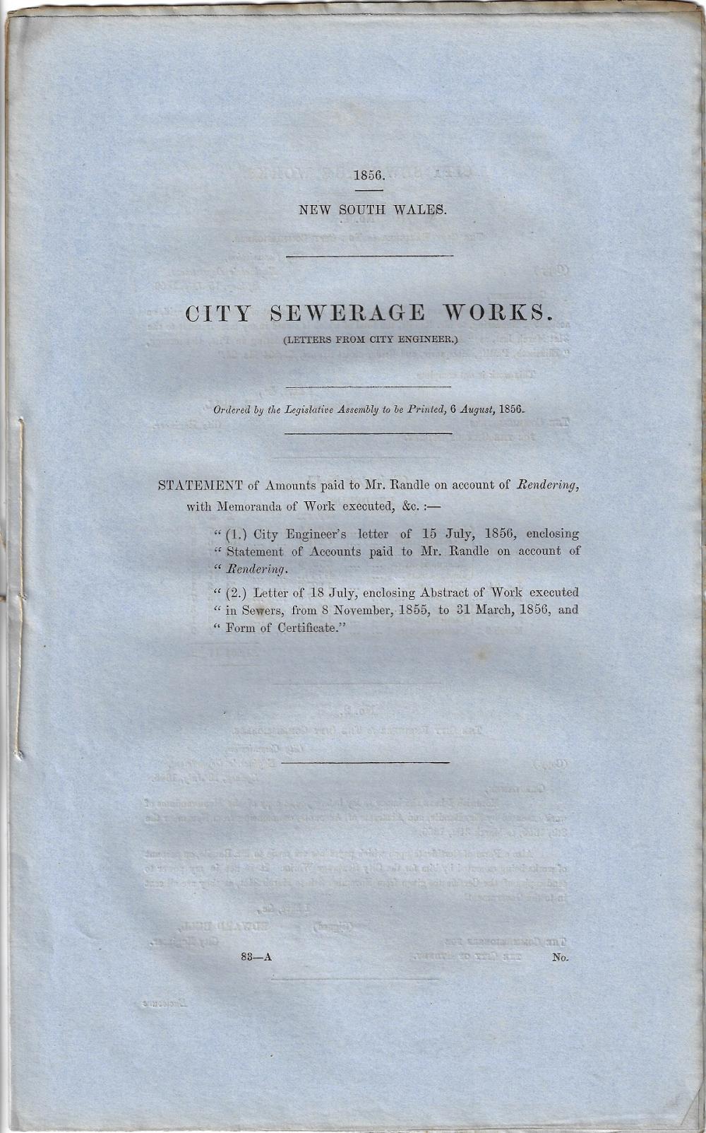 Australia (New South Wales). 1856 Accounts for 'City Sewerage Works,' Extremely Fine.