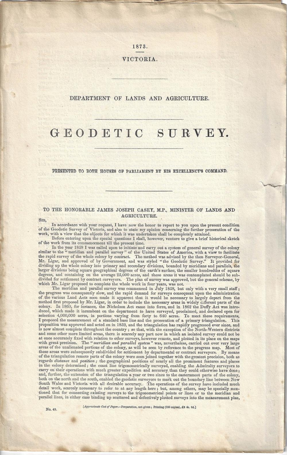 Australia (Victoria). 1873 Geodetic Survey of Victoria, Extremely Fine