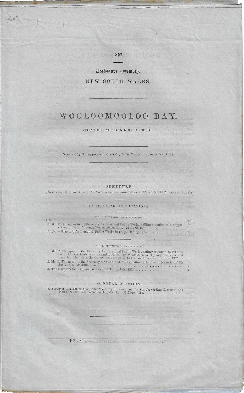 Australia (New South Wales). 1857 Report to the Legislative Assembly on Woolloomooloo Bay, Extremely Fine