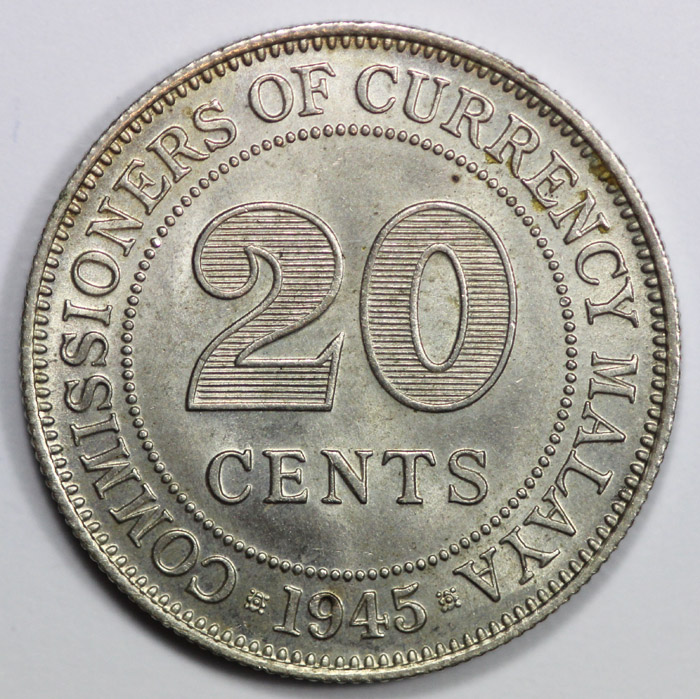 Malaya 1945 Silver 20 Cent,... image