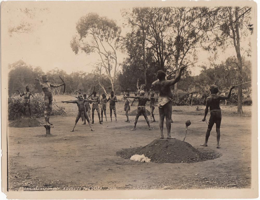 'Charles Kerry' Sepia Photograph. '2610 / ABORIGINAL CEREMONY. A DUEL TO THE DEATH / KERRY. PHOTO. SYDNEY.'