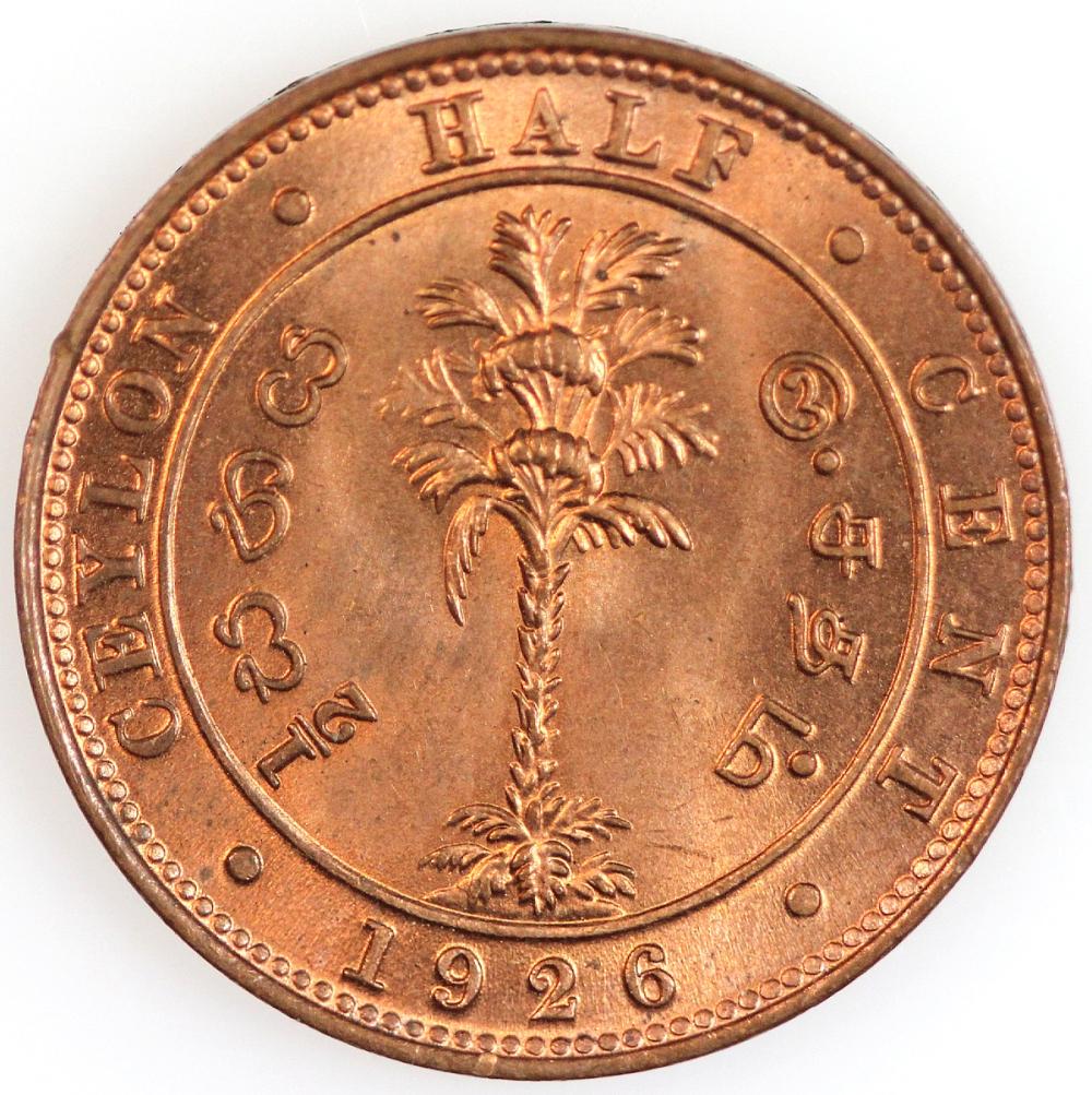 Ceylon. 1926 Half Cent, Gem image