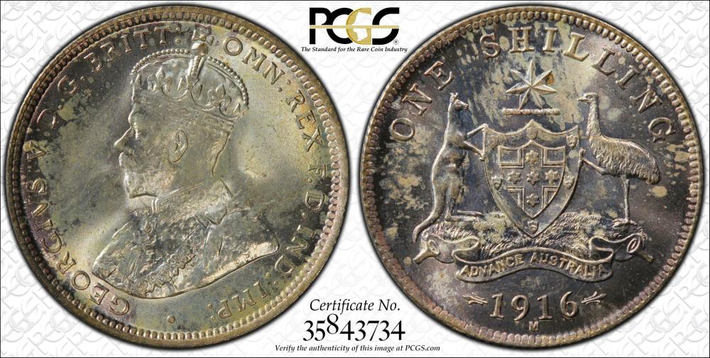 Australia 1916 M Shilling, PCGS MS66