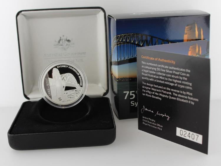 Australia. 2007 '75th Anniversary - Sydney Harbour Bridge' Proof Silver (0.999) $5, FDC in original case