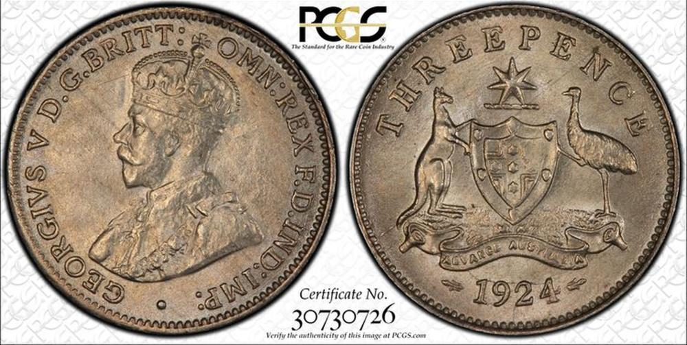 Australia 1924 Threepence PCGS MS63