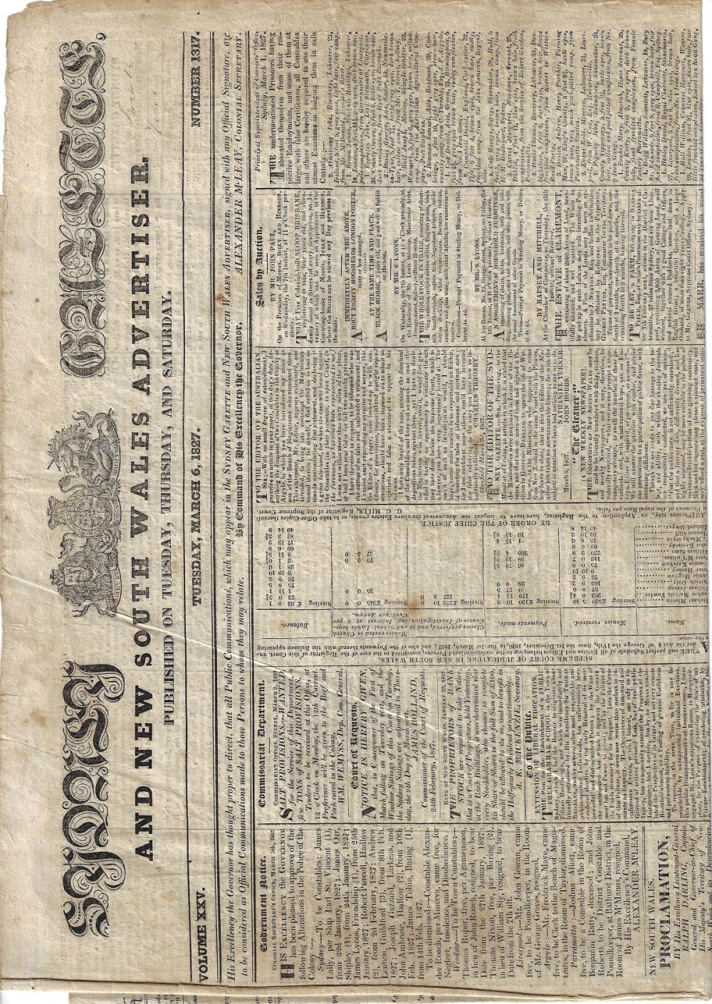 New South Wales (Australia) 'Sydney Gazette and New South Wales Advertiser' Tuesday, March 6, 1827, about Very Fine