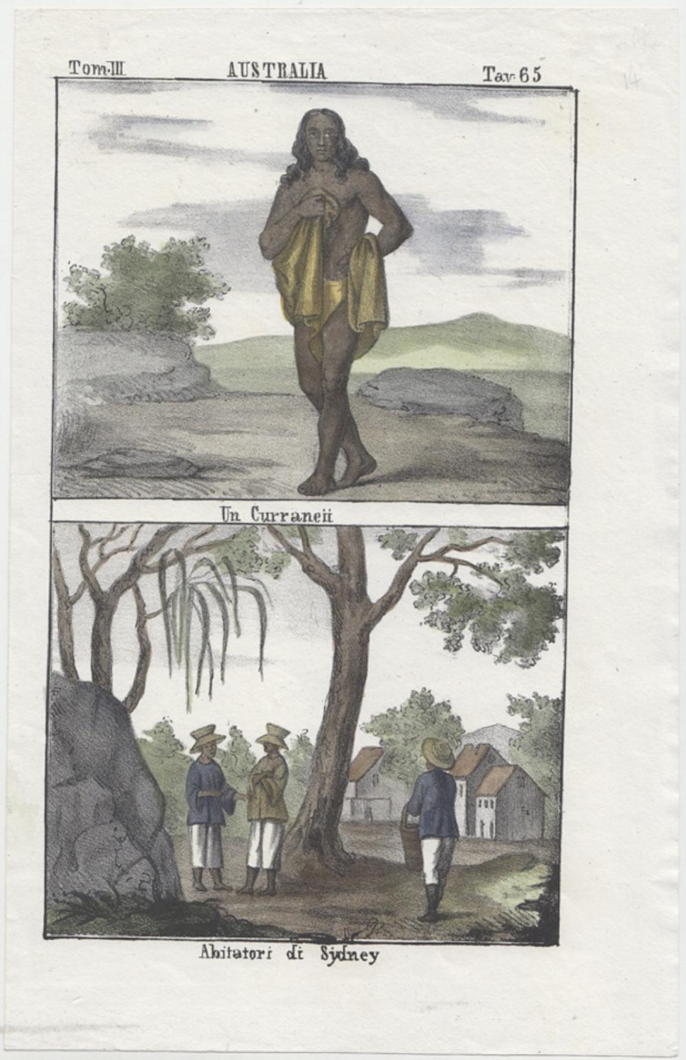 Australia related hand coloured lithograph. Taken from the 'A Universal Gallery of all the Peoples of the World, Venice 1841.' Depicts 'A Native' & 'Inhabitants of Sydney', Extremely Fine