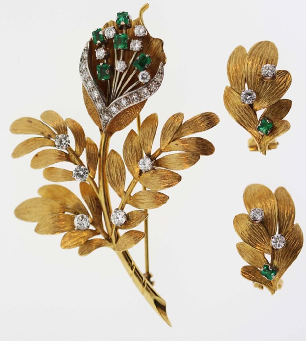 Matching Suite of a 18ct Yellow Gold Brooch & Clip on Earrings with an ornate Leaf design set with quality Diamonds & Emeralds