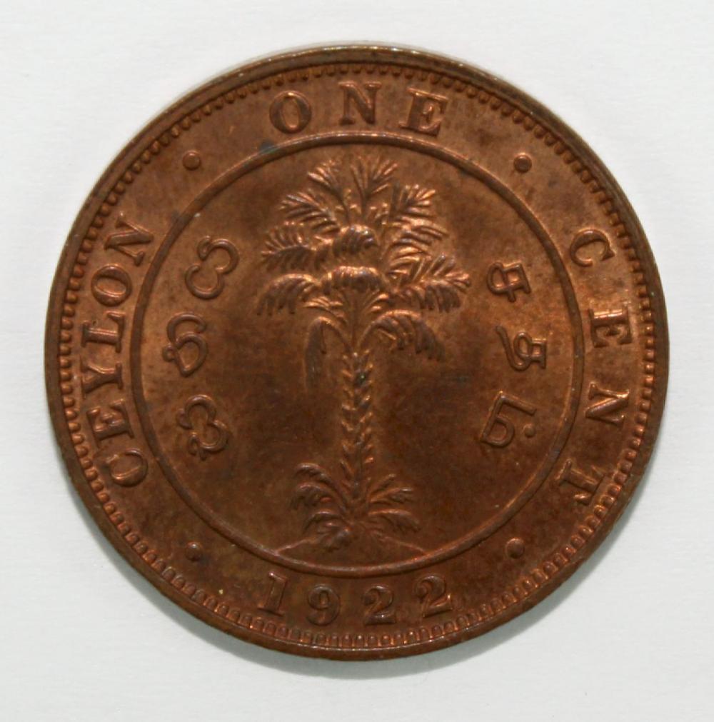 Ceylon 1922 Cent, Choice Un... image