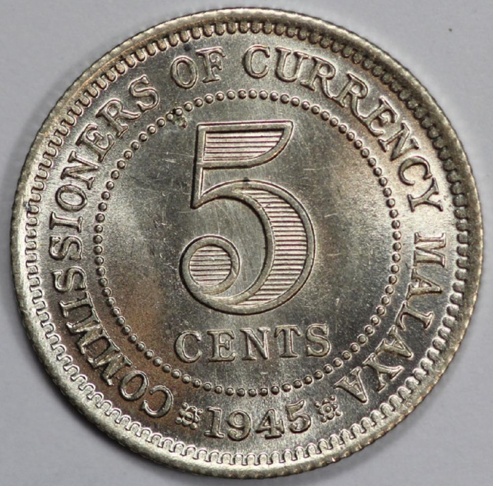 Malaya. 1945 Silver Five Ce... image