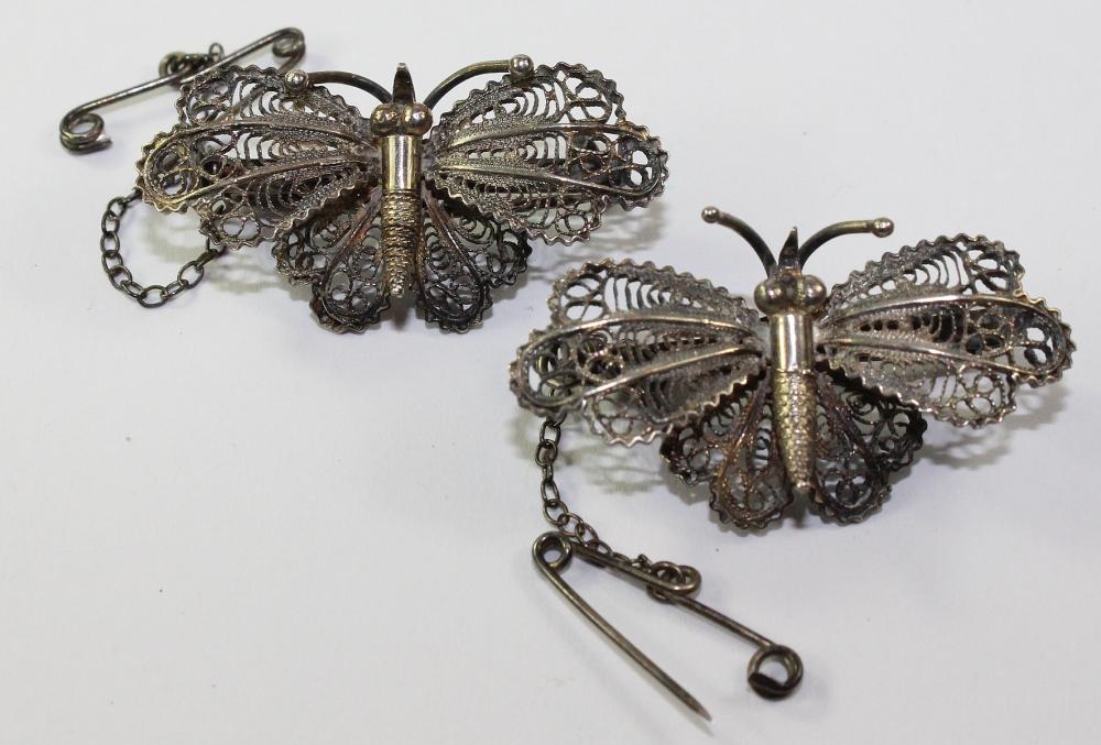 Vintage pair of Wire-work Butterfly Brooches in Sterling (0.925) Silver