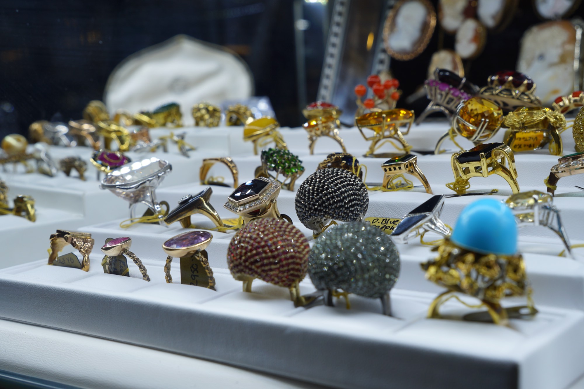 Trays of rings laid out in the display case
